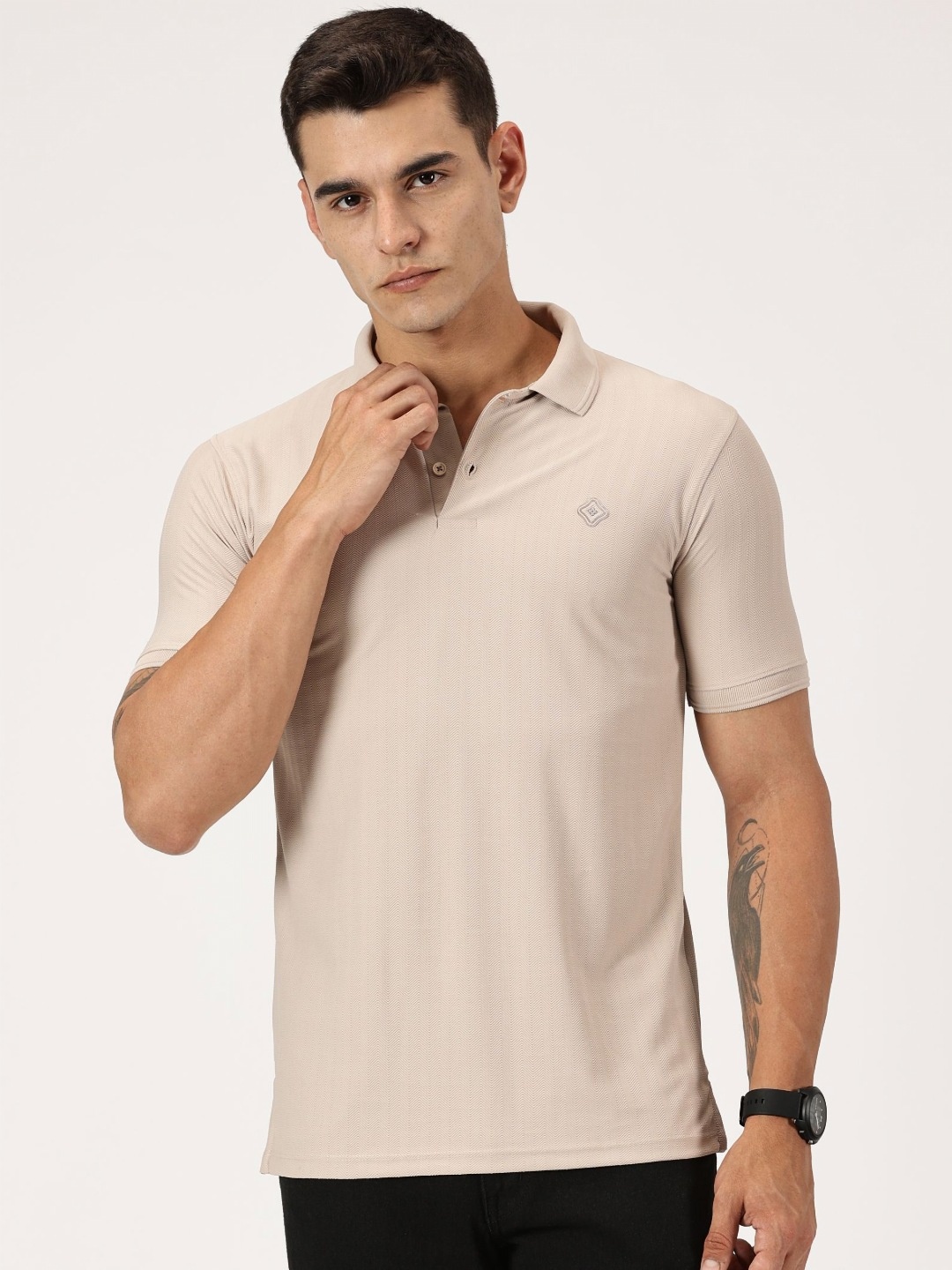 

RAVINIK Men Solid Round Neck Cotton T-shirt, Beige