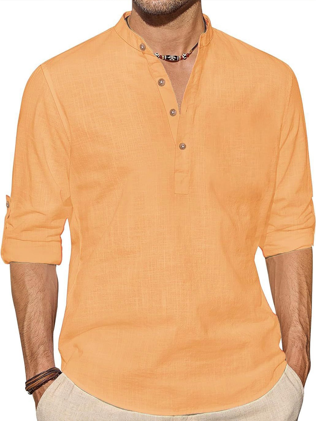 

EdinWolf Men India Slim Fit Mandarin Collar Solid Cotton Casual Shirt, Orange
