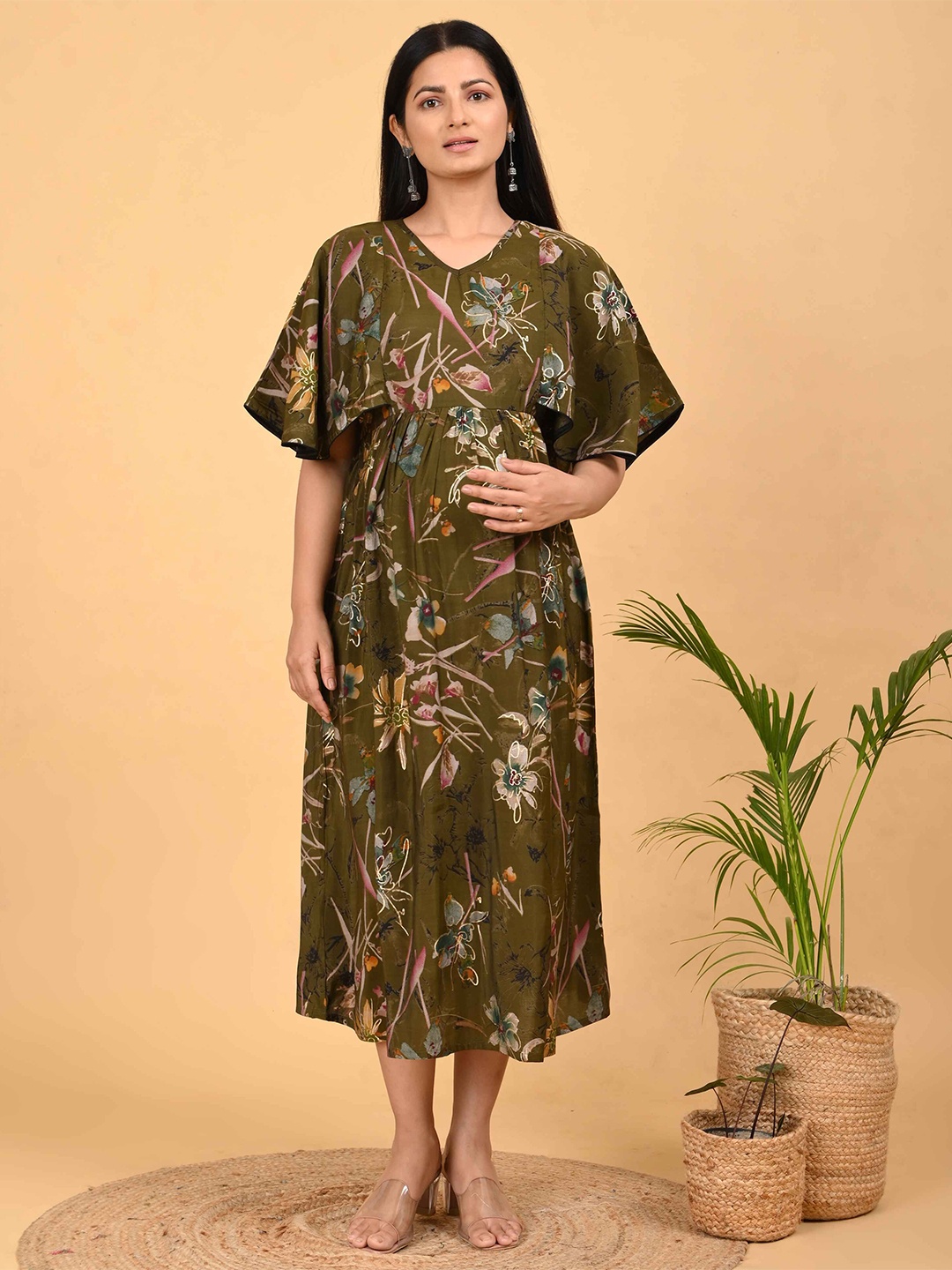 

GOLDSTROMS Women Floral Print Cape Sleeves Maternity Fit and Flare Midi Dress, Green