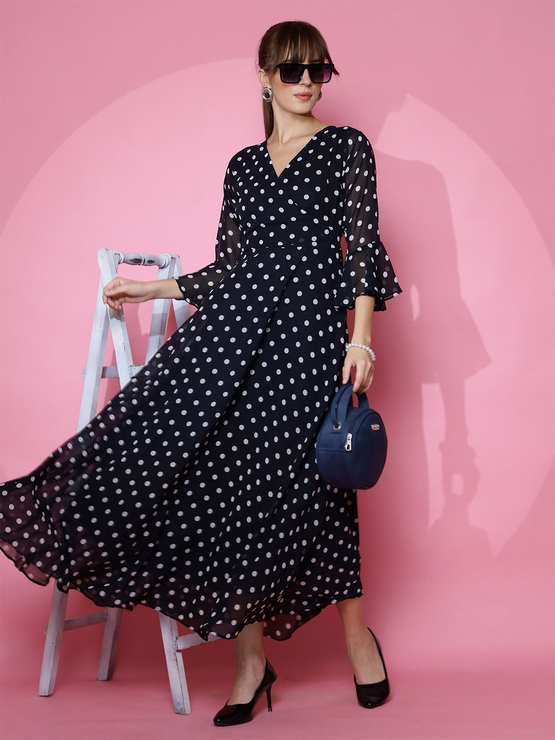 

De La Moda Women Polka Dot Printed Maxi Dress, Black
