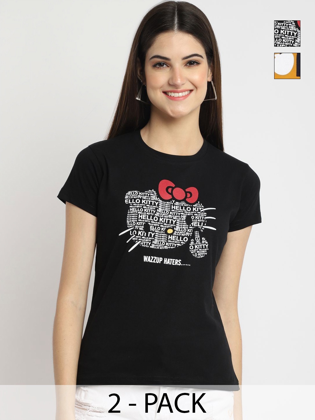 

Tromko Women Pack of 2 Typography Printed Round Neck Cotton Regular Fit T-shirts, Black