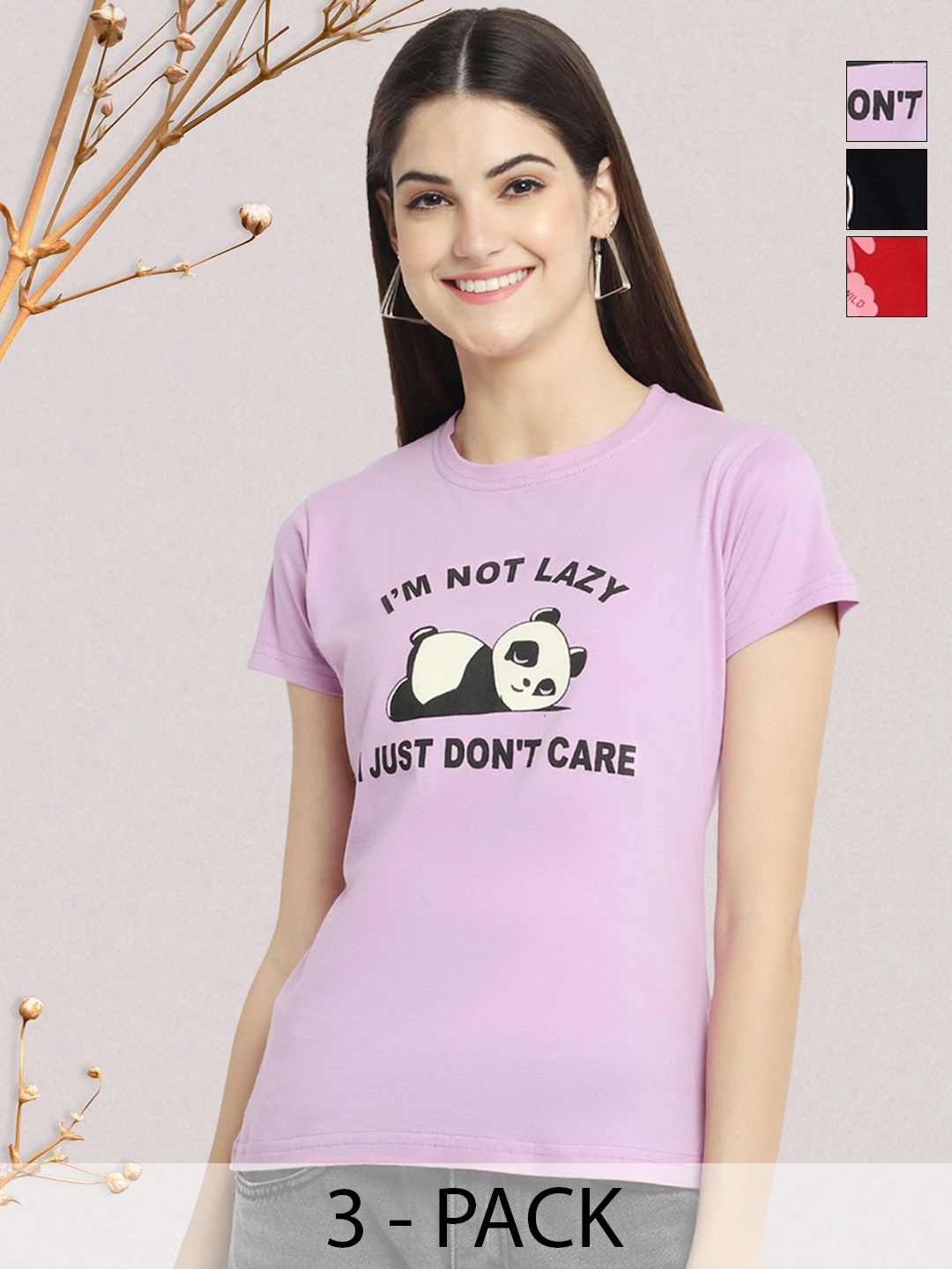 

GLOBAL NOMAD Women Pack of 3 Typography Printed Round Neck Cotton T-shirts, Lavender