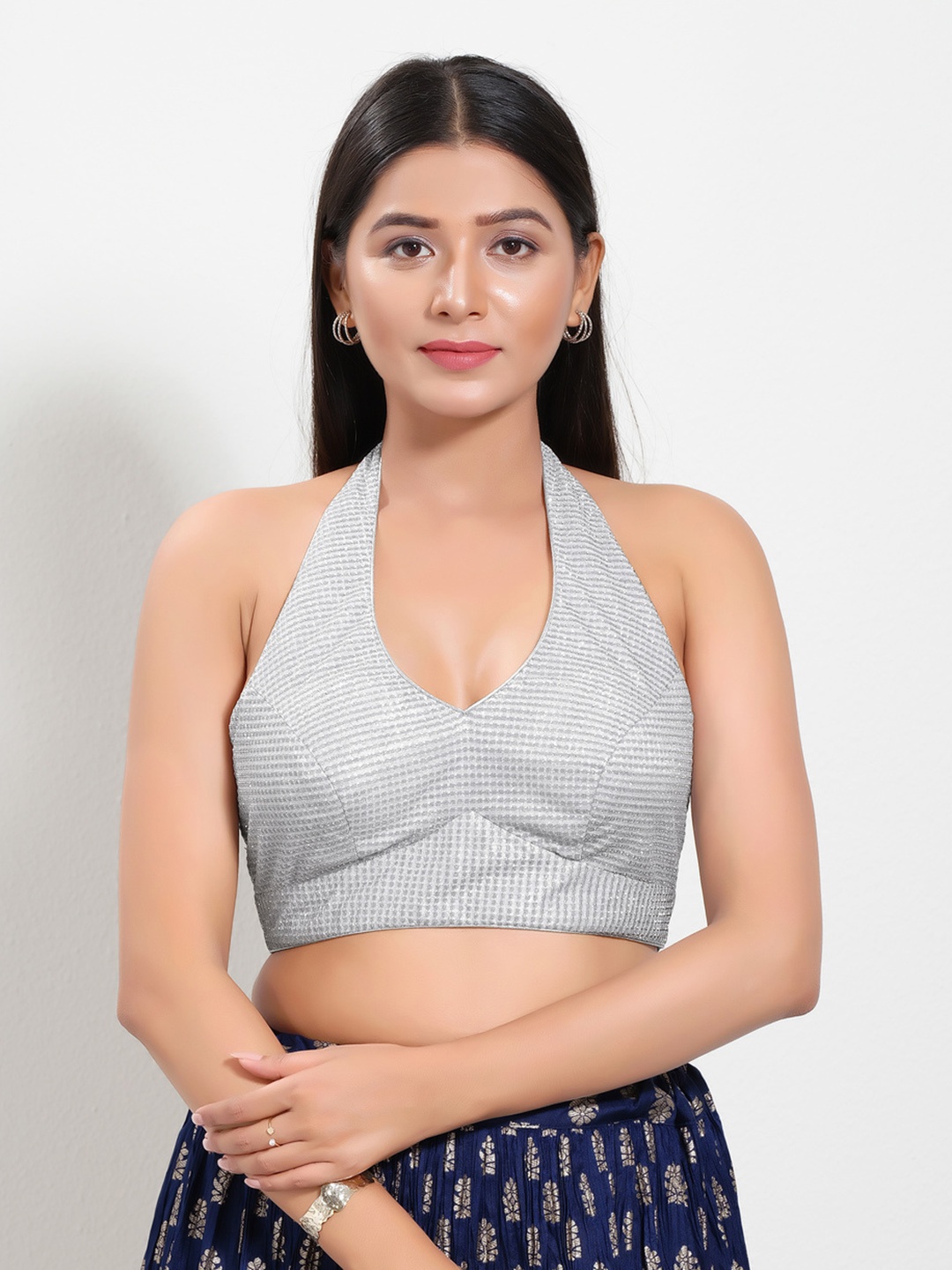 

VAMAS - THE DESIGNER BLOUSES Women Halter Neck Padded Saree Blouse, Silver