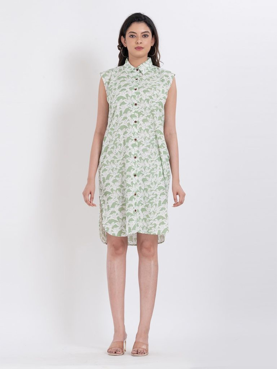 

Kartikeya Jaipur Women Floral Printed Shirt Collar Cap Sleeves Shirt Dress, Green