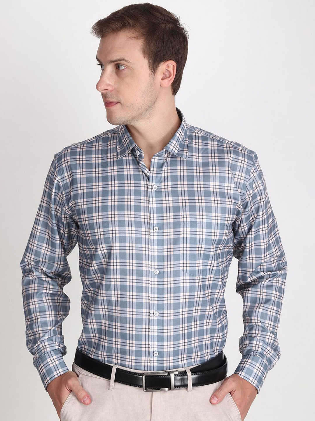 

APPEL TOUCH Men Comfort Regular Fit Spread Collar Tartan Checked Cotton Casual Shirt, White