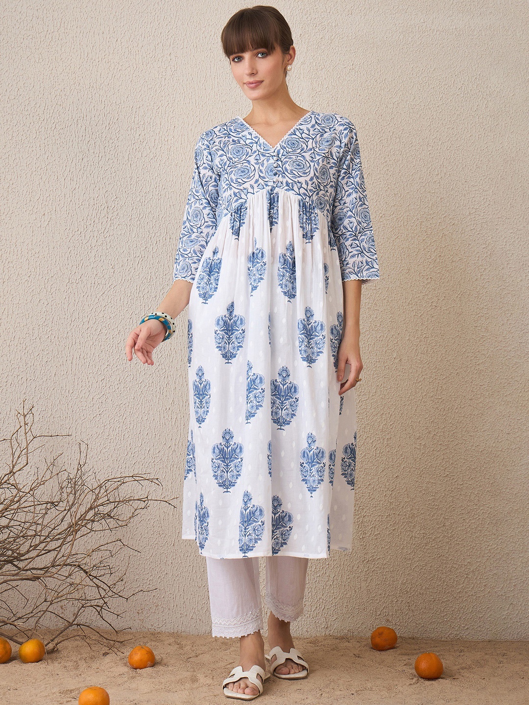 

Indo Era Floral Printed V Neck Pure Cotton A-Line Kurta, White