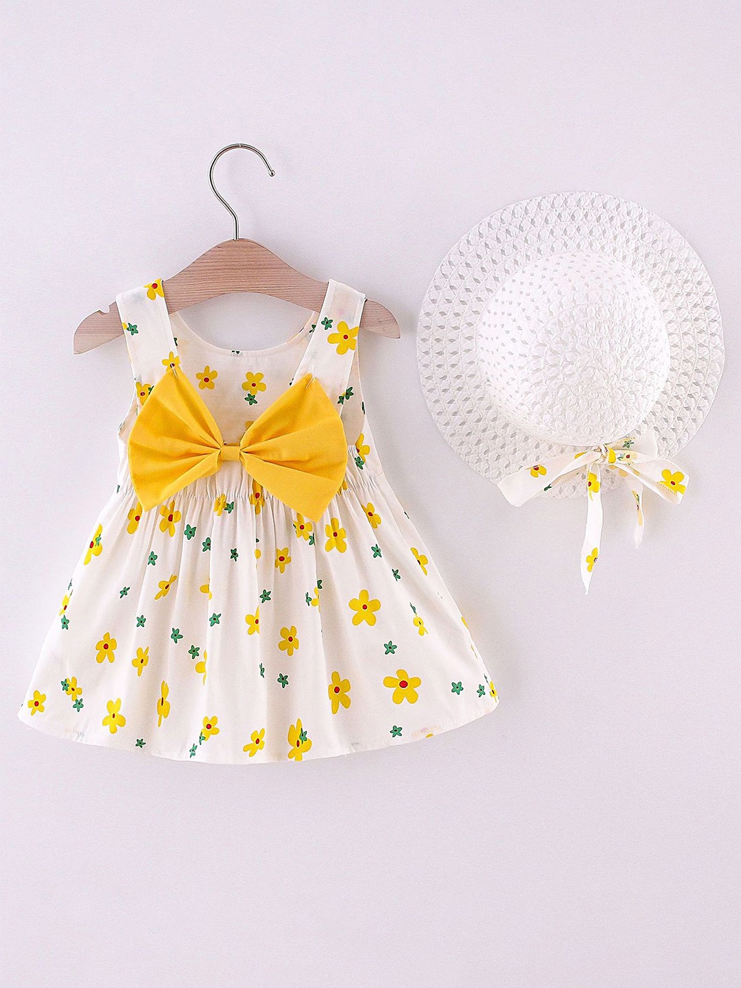 

LULU & SKY Girls Floral Printed Fit & Flare Dress With Hat, Yellow