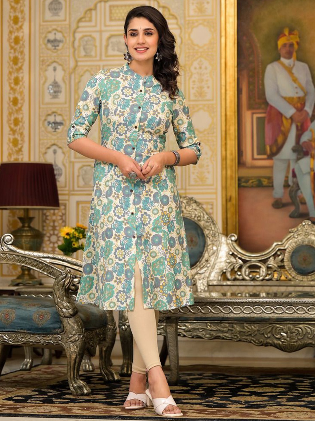 

Pahiya Floral Printed Mandarin Collar A-Line Pure Cotton Kurta, Teal