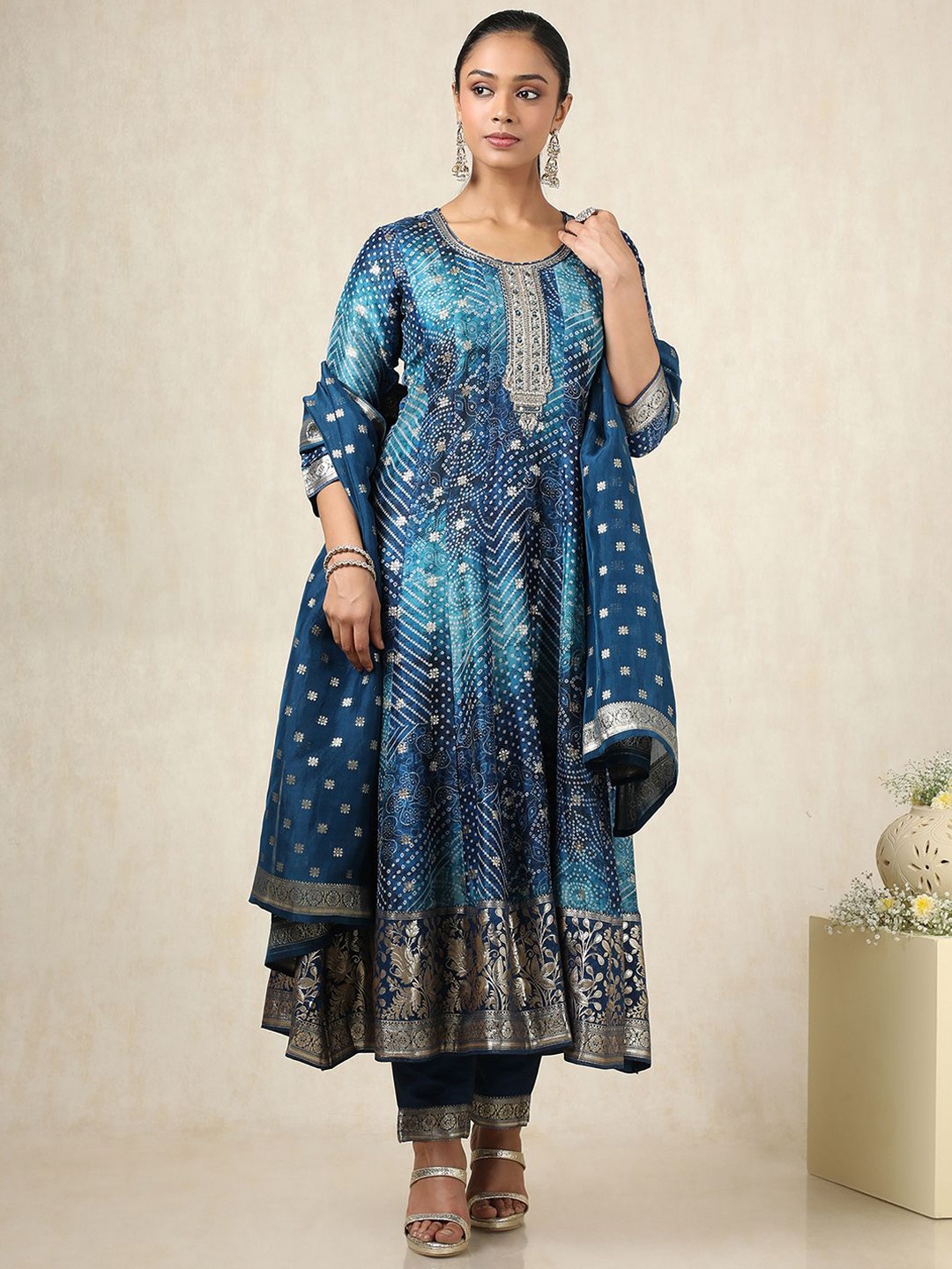 

Soch Bandhani Printed Zari Work Brocade Anarkali Kurta With Trousers And Dupatta, Blue