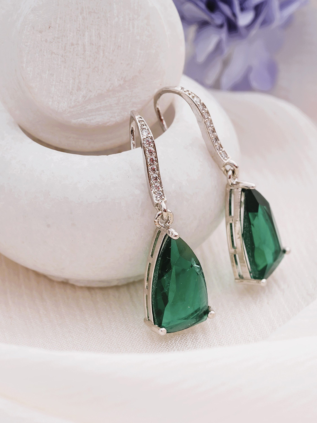 

Manikya Rhodium-Plated American Diamond Studded Teardrop Shaped Drop Earrings, Silver
