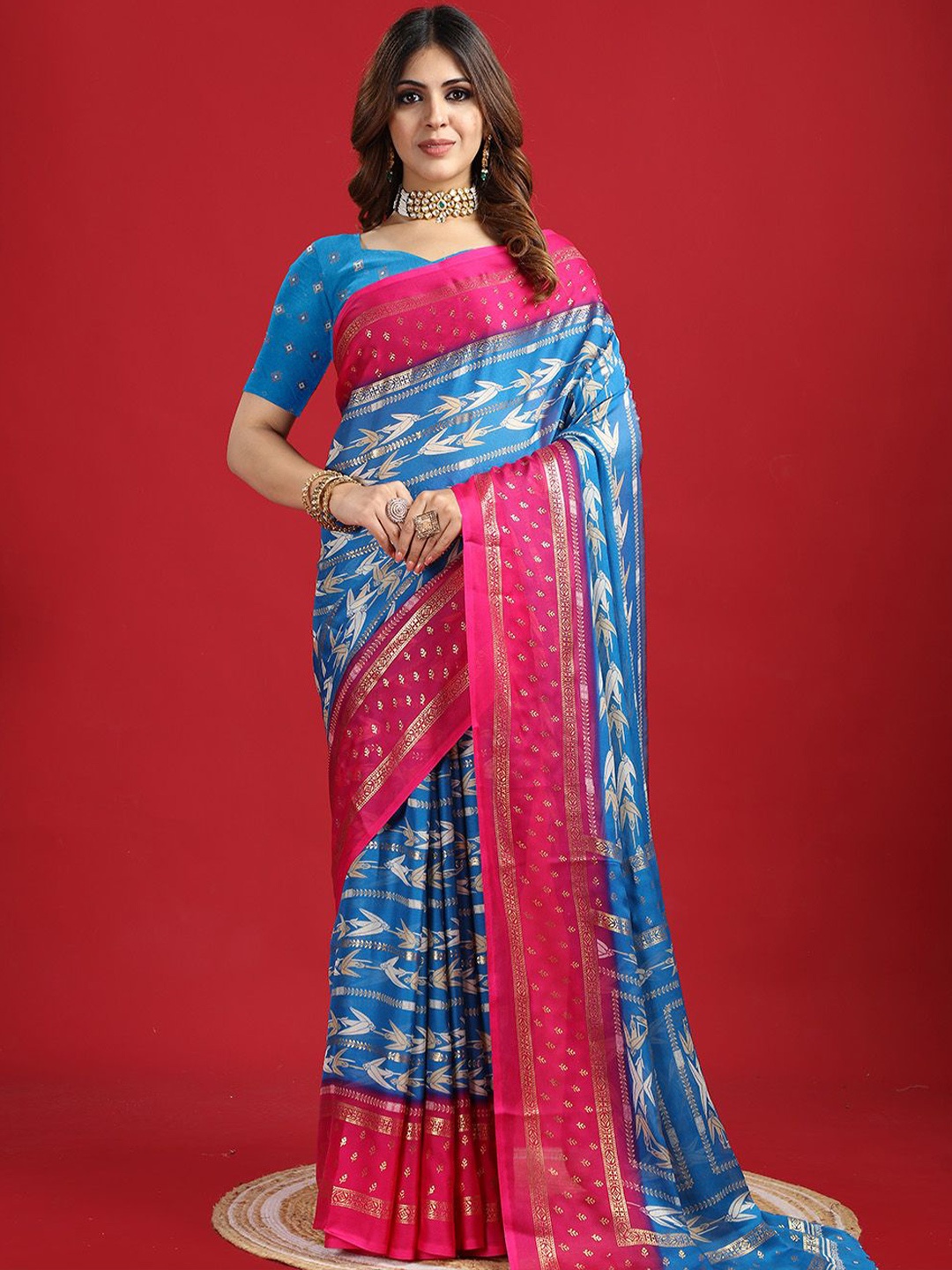 

VIRENDRA TEXTILES Ethnic Motifs Printed Saree, Turquoise blue