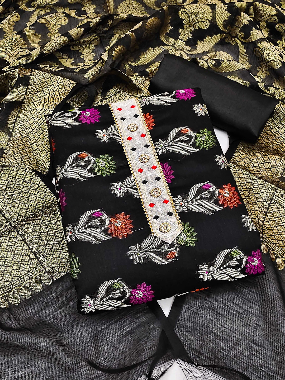

HERE&NOW Woven Design Banarasi Jacquard Unstitched Dress Material, Black