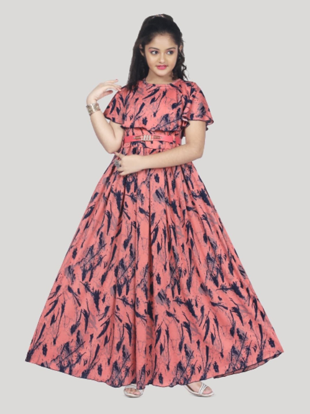 

Laraib Fashion Floral Print Cape Sleeves Belted Fit & Flare Maxi Dress, Peach