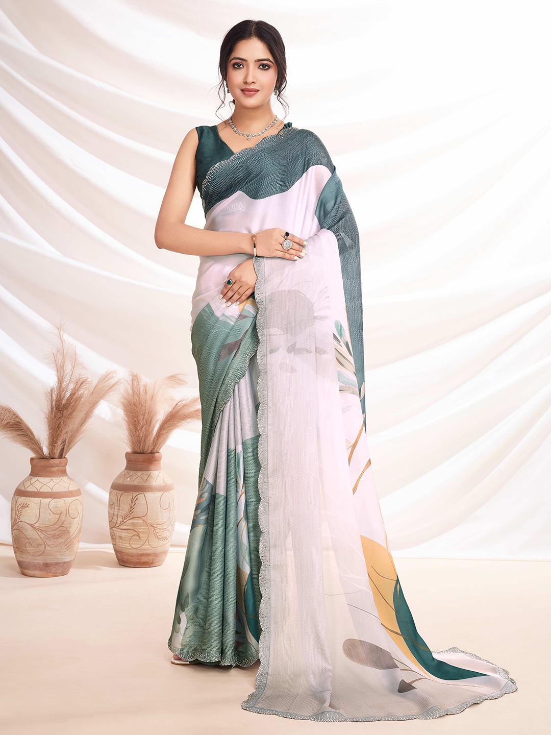 

all about you Beads and Stones Satin Saree, Off white