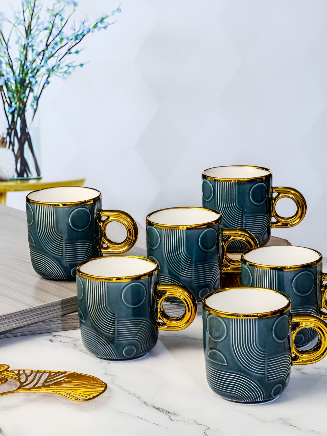 

Roxx Black 6 Pieces Printed Dishwasher Safe Porcelain Glossy Finish Mugs 180ml