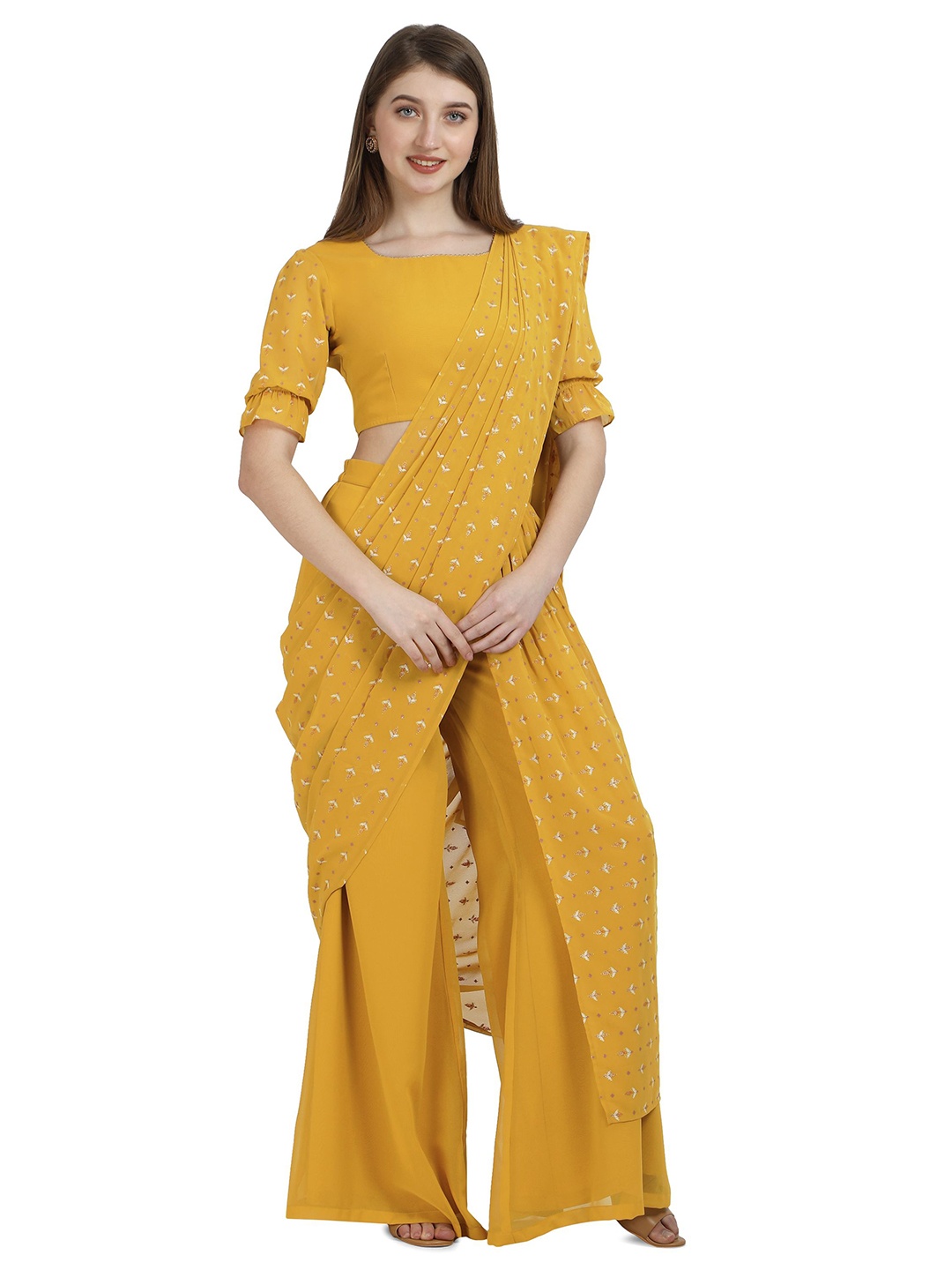 

FAB GALAXY Floral Gotta Patti Ready To Wear Saree, Mustard