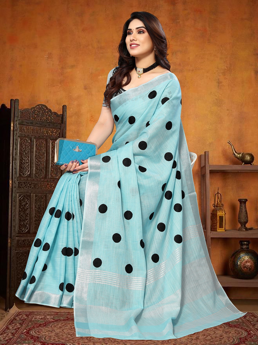 

VIRENDRA TEXTILES Polka Dot Zari Pure Cotton Saree, Turquoise blue