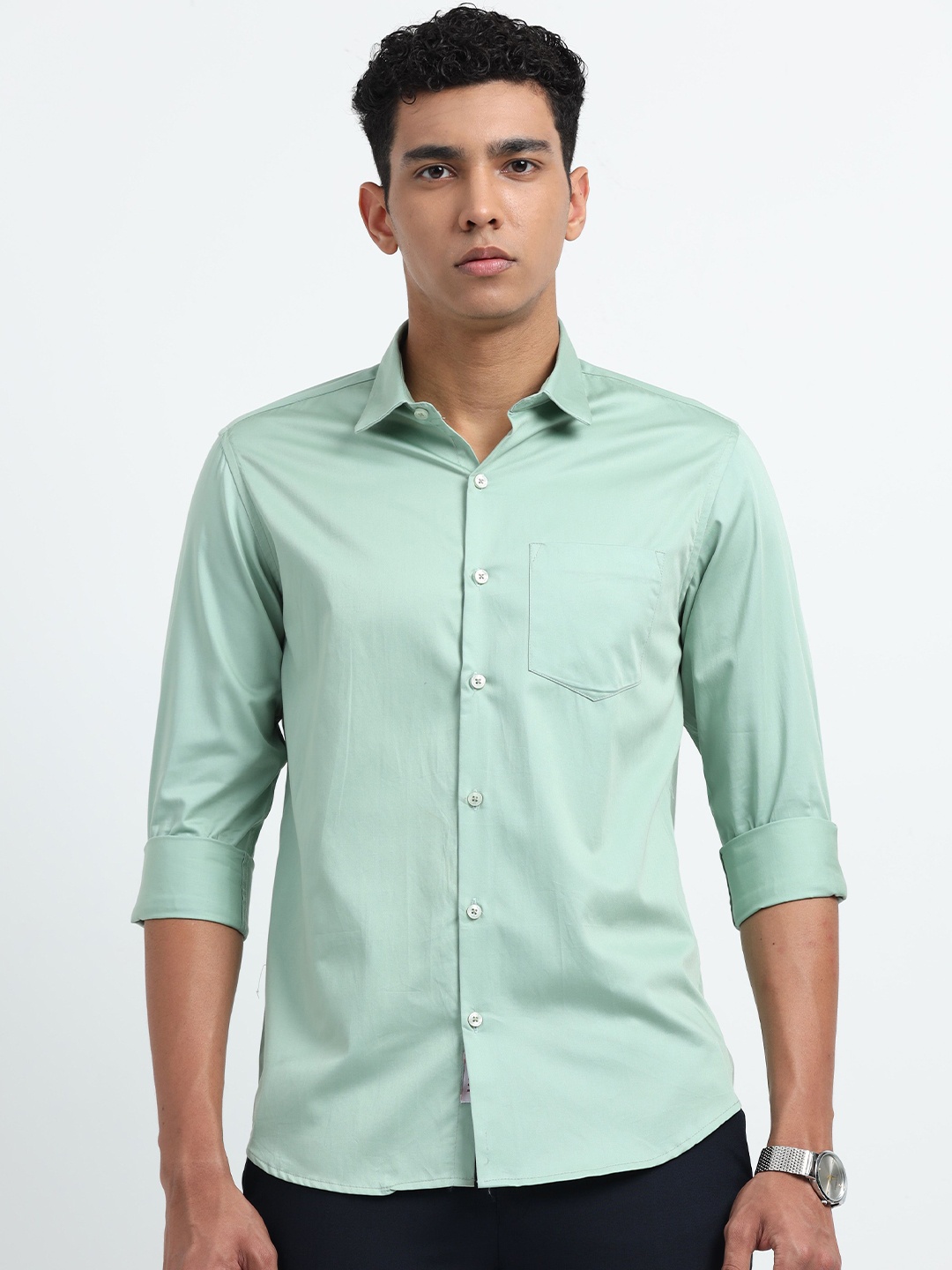 

U.S. PITCHERS Men Smart Slim Fit Spread Collar Solid Satin Casual Shirt, Green