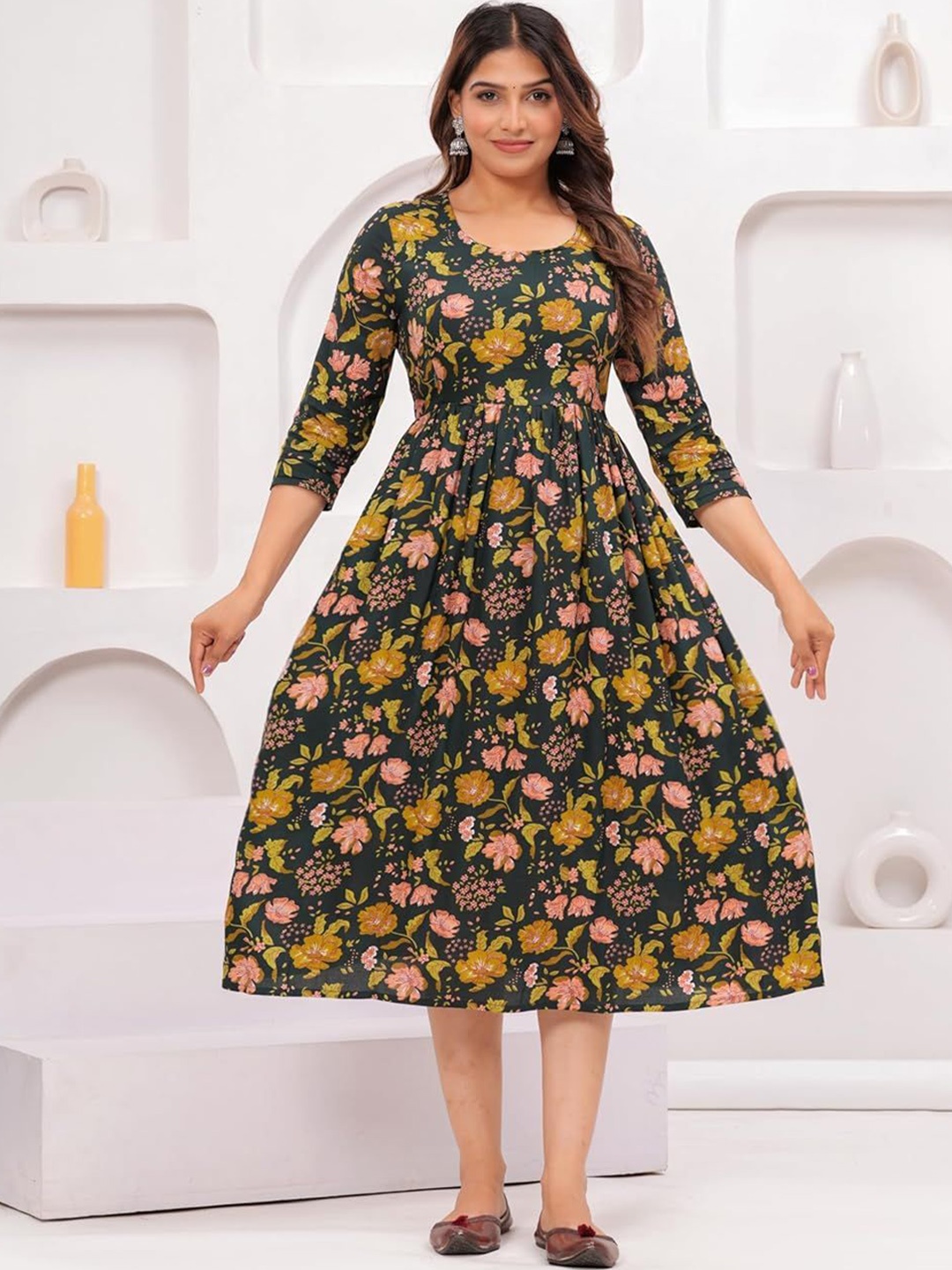 

SILAKIVA Floral Printed Round Neck Maternity Anarkali Ethnic Dress, Blue