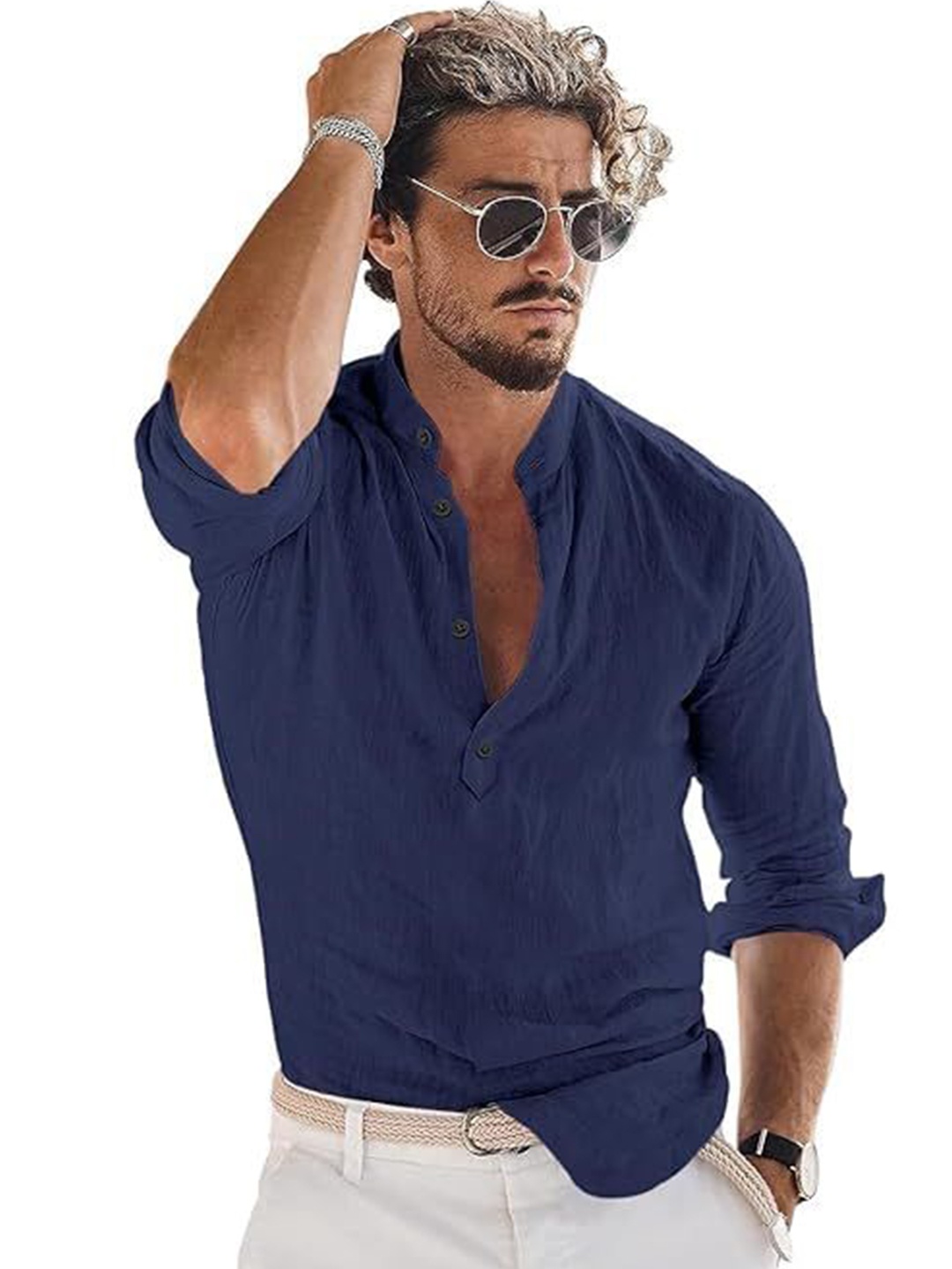 

EdinWolf Men India Slim Fit Mandarin Collar Textured Cotton Casual Shirt, Navy blue