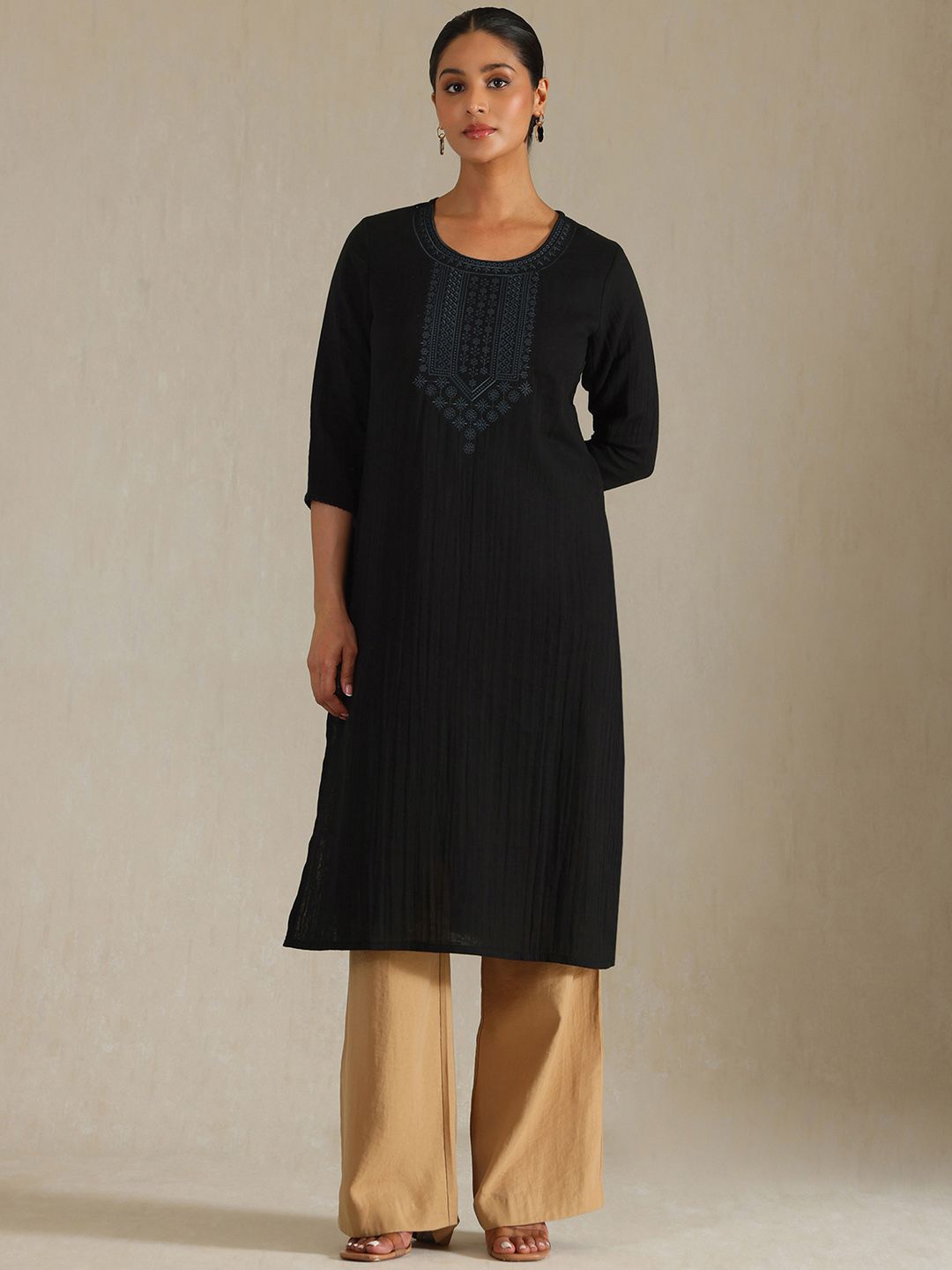 

Soch Striped Embroidered Thread Work Round Neck Pure Cotton Straight Kurta, Black