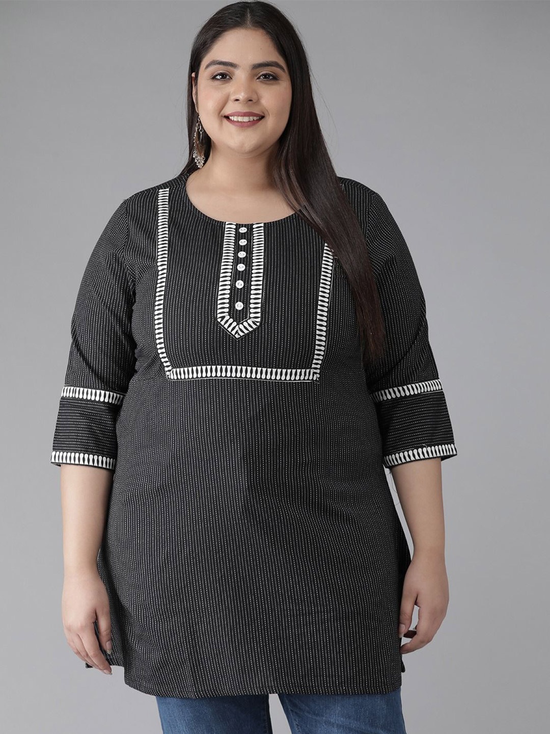 

KALINI Women Plus Size Kantha Work Pure Cotton Kantha Work Kurti, Black