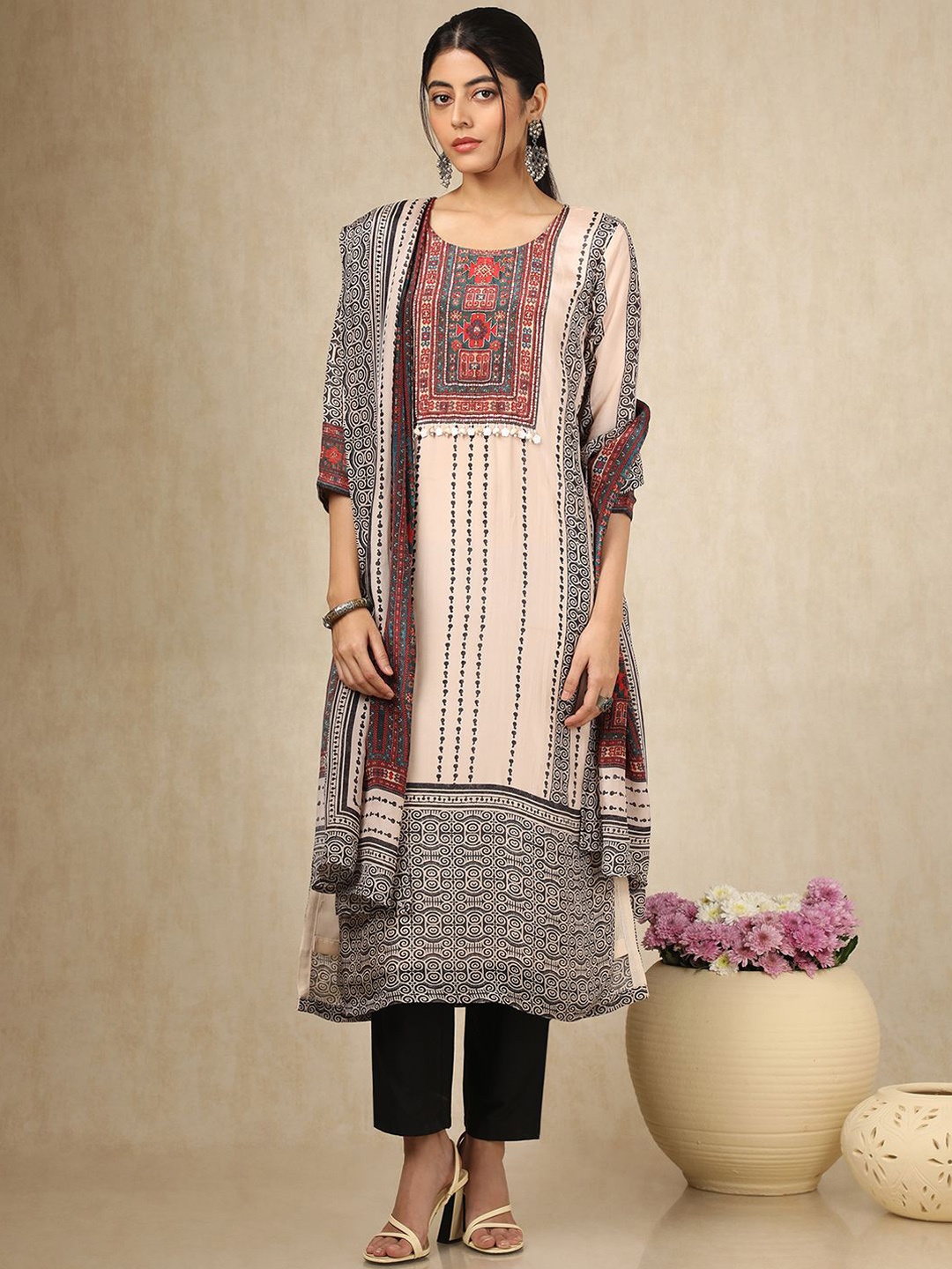 

Soch Printed Straight Sequinned Pure Cotton Kurta With Trousers And Dupatta, Cream