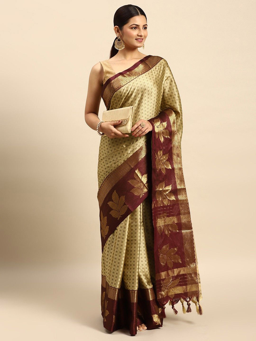 

SILKWEAR Woven Design Zari Dharmavaram Saree, Beige
