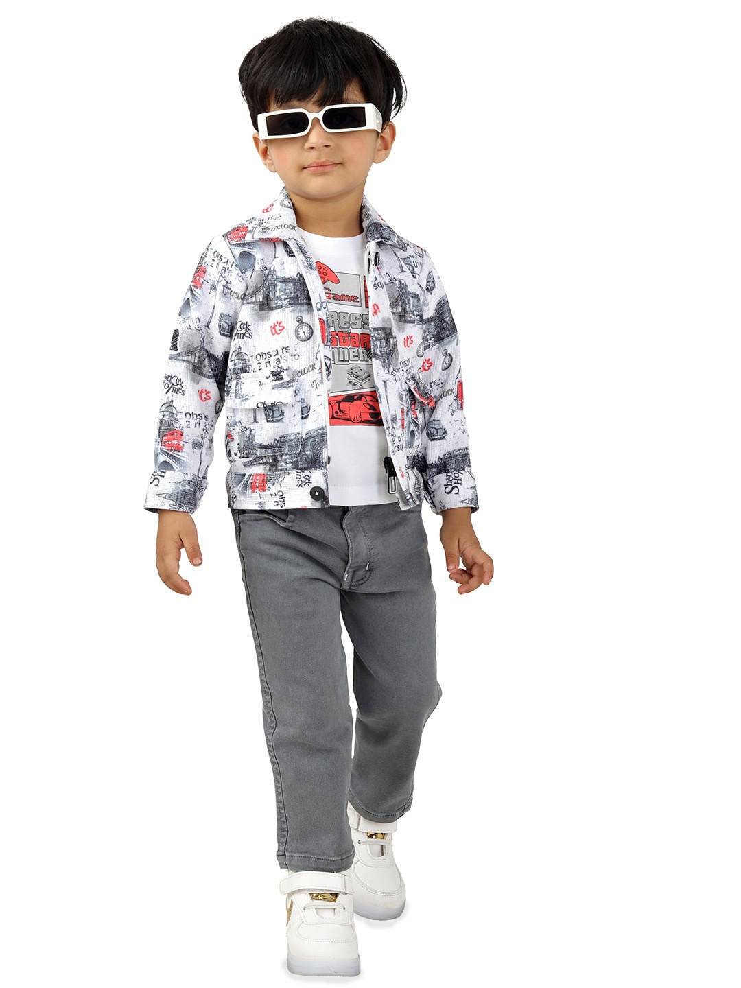 

DOTSON Boys Abstract Printed Round Neck T-shirt And Shirt With Trousers, White