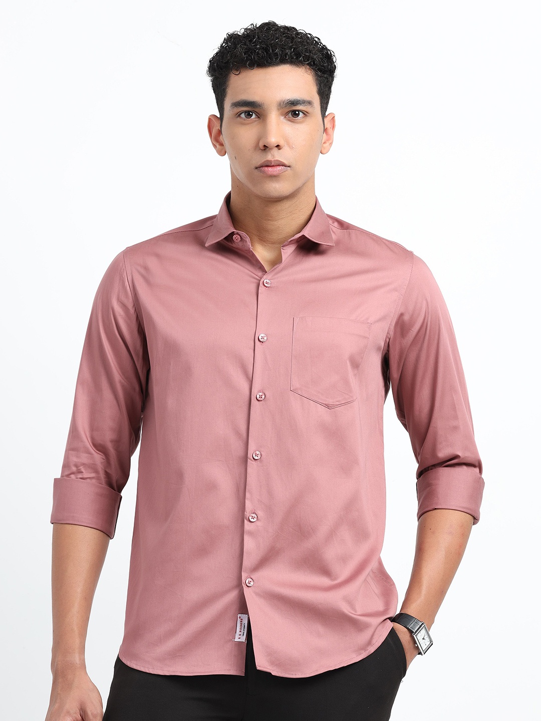 

U.S. PITCHERS Men Smart Slim Fit Spread Collar Solid Satin Casual Shirt, Pink