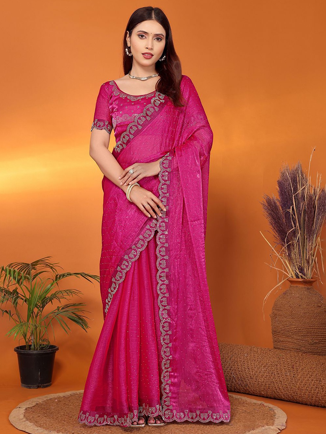 

FABMORA Embellished Beads and Stones Saree, Pink