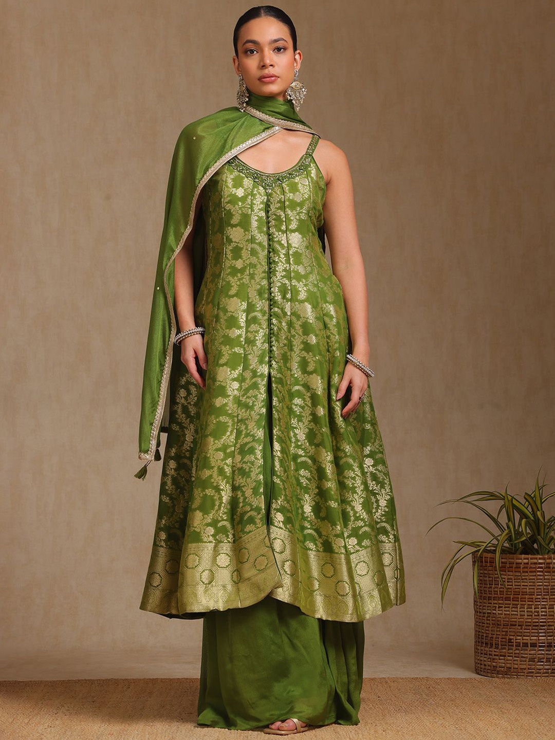 

Soch Floral Woven Design Sequinned A-Line Kurta With Palazzos And Dupatta, Green