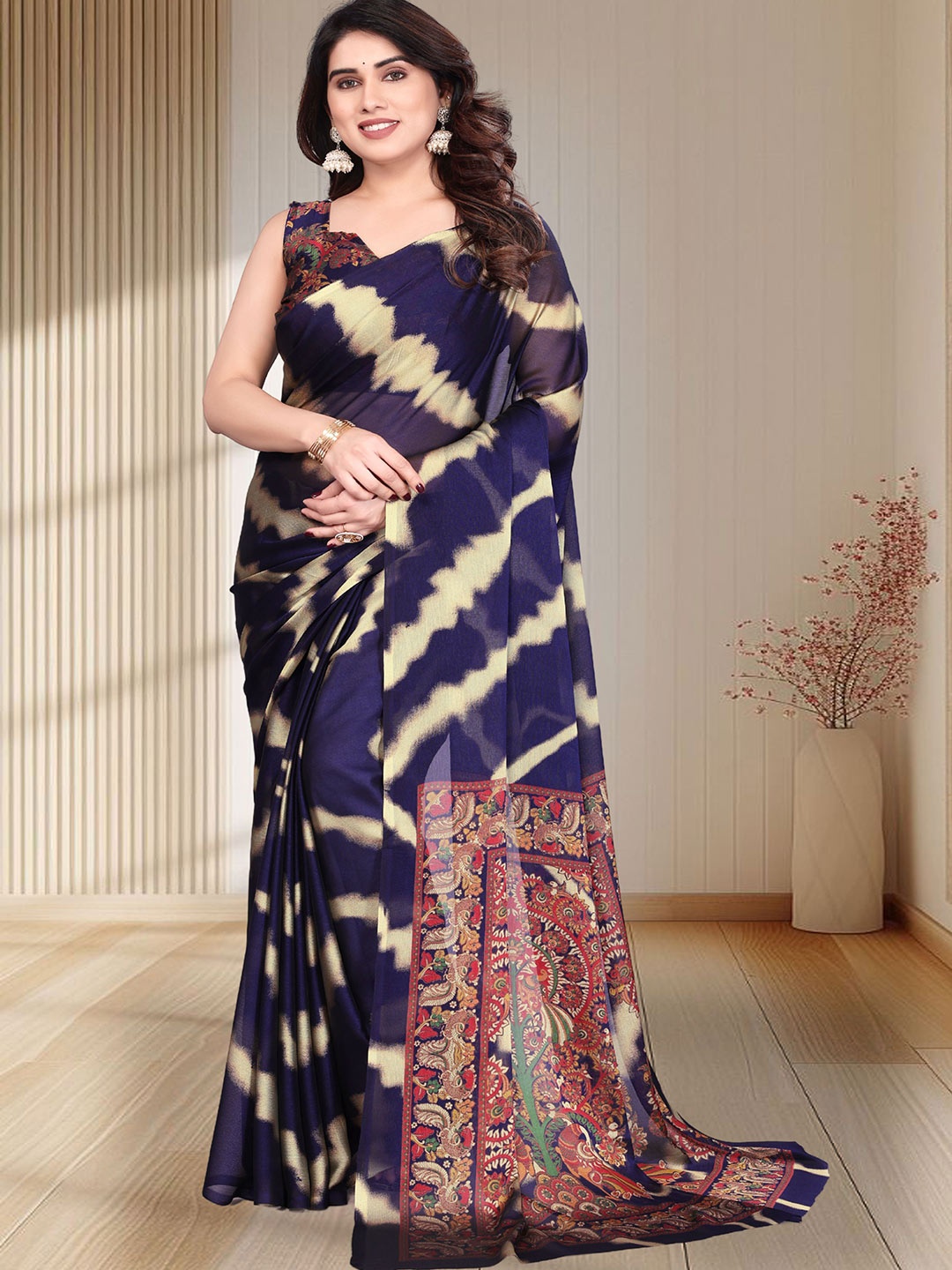 

MAGNEITTA Striped Pure Chiffon Designer Saree, Navy blue