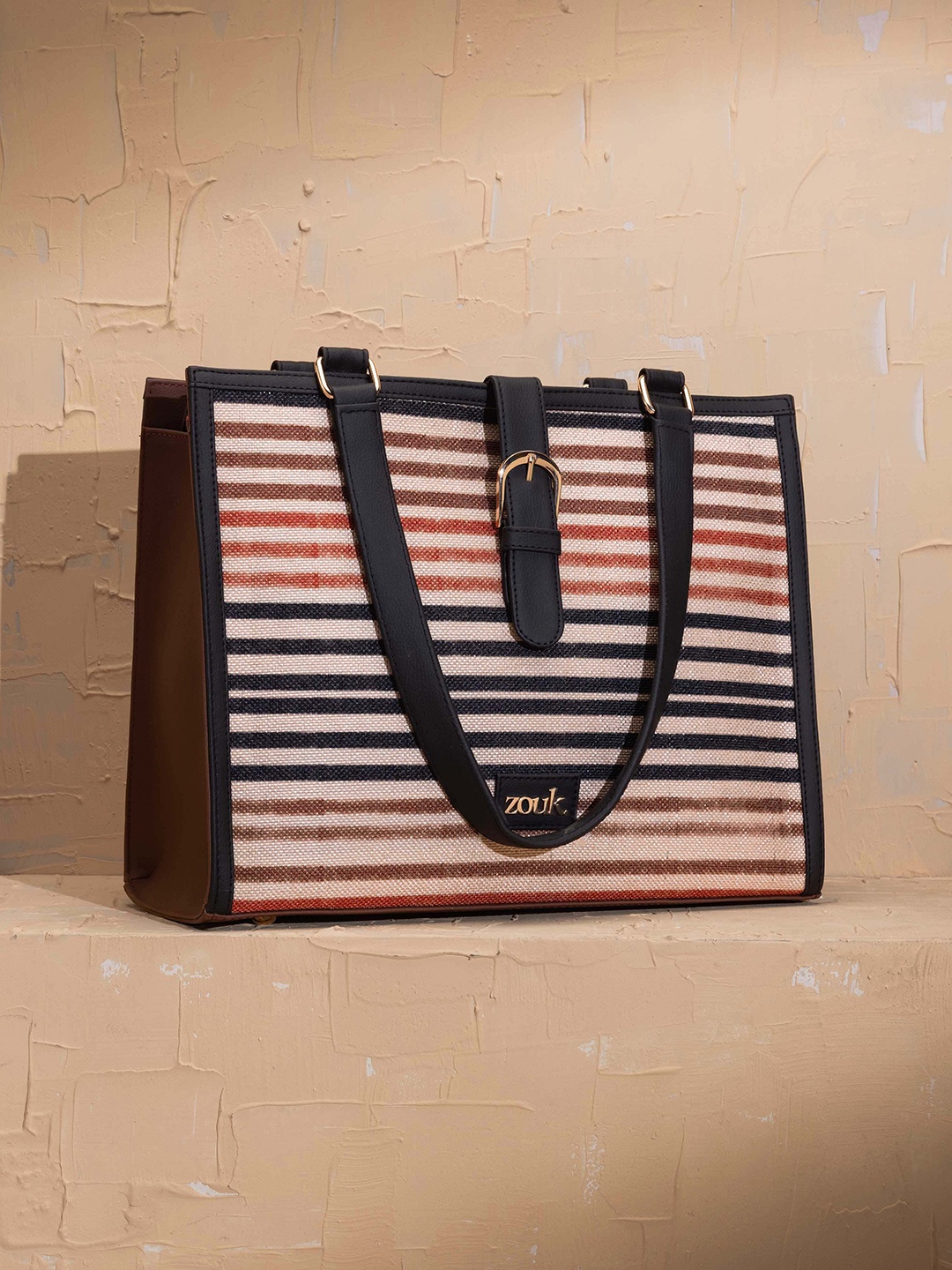 

ZOUK Women Striped Shopper Tote Bag, Beige