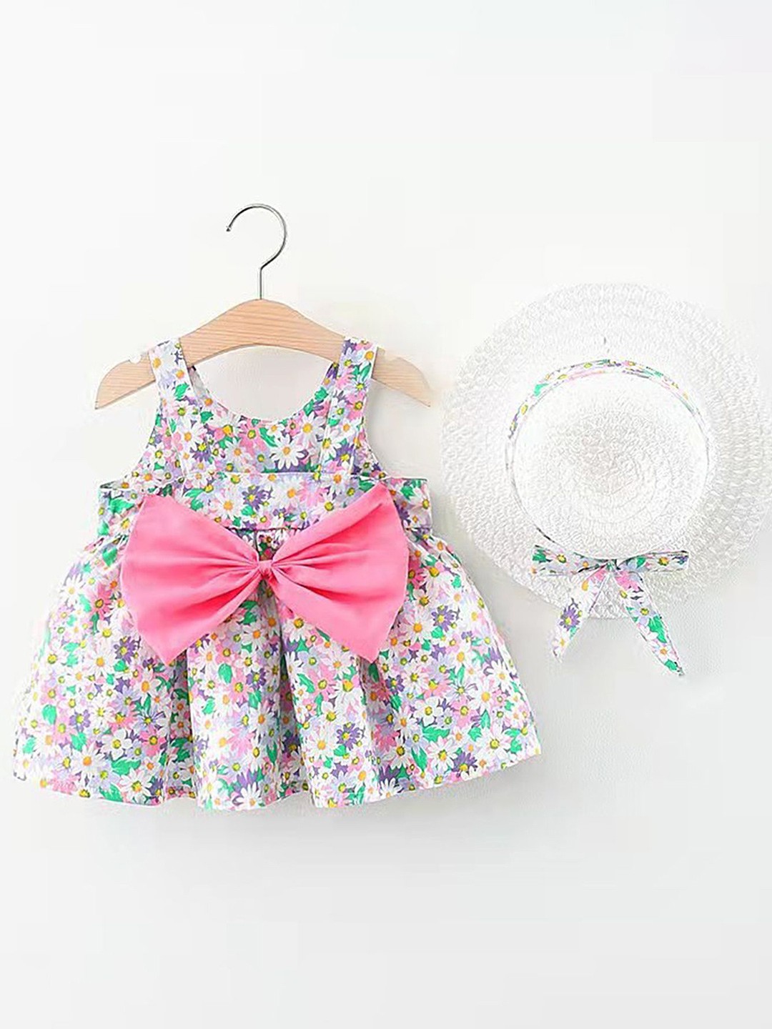 

LULU & SKY Girls Floral Printed Shoulder Straps Fit & Flare Dress With Hat, Pink