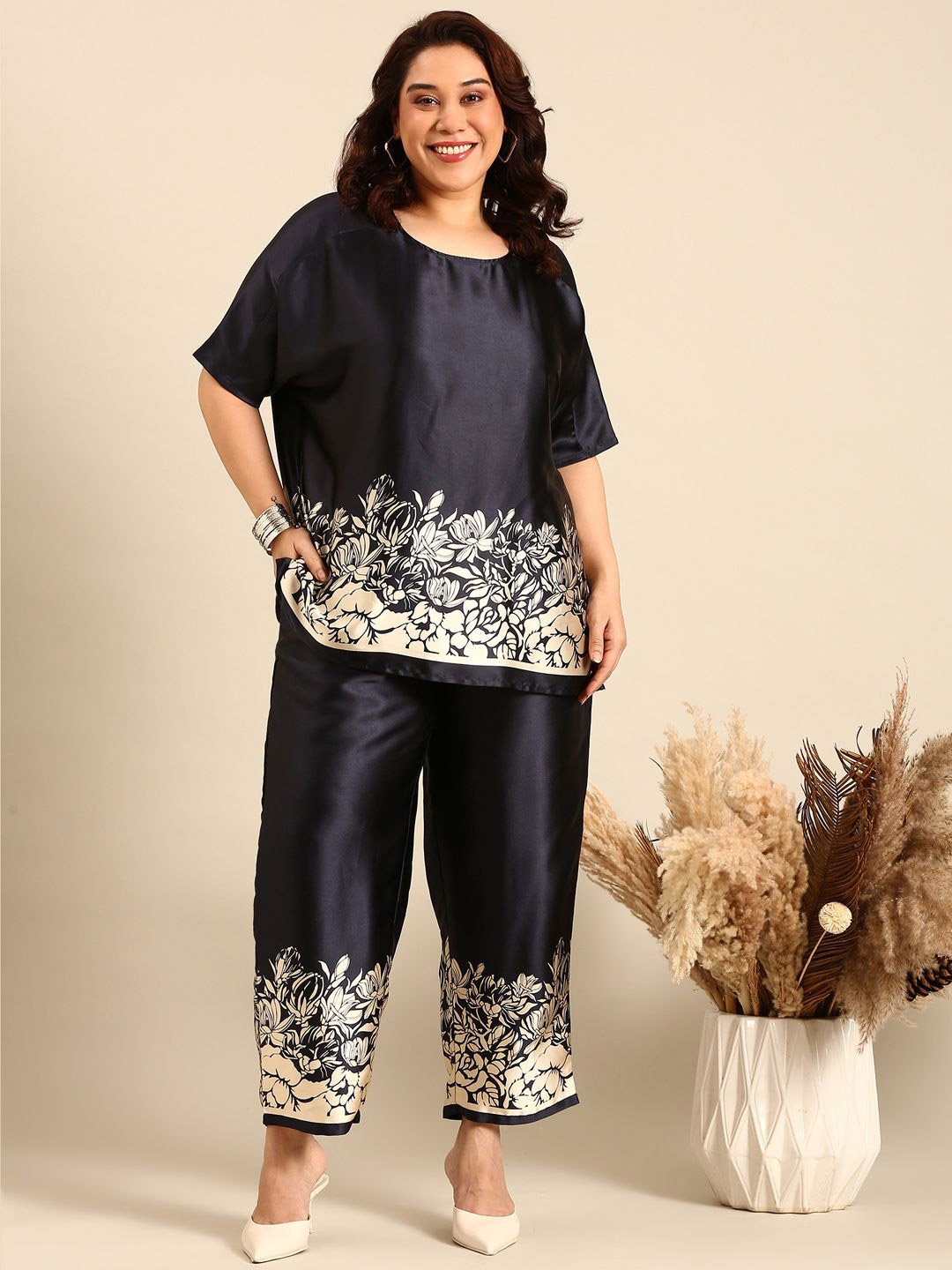 

The Pink Moon Women Satin Floral Border Top, Navy blue