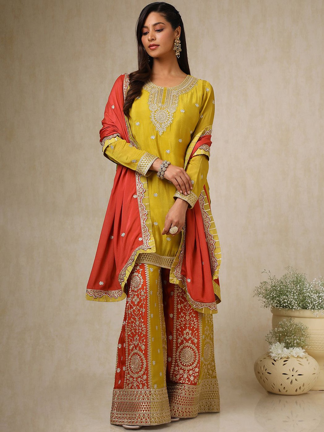 

Soch Floral Embroidered Thread Work Notch Neck Straight Kurti With Palazzos & Dupatta, Mustard