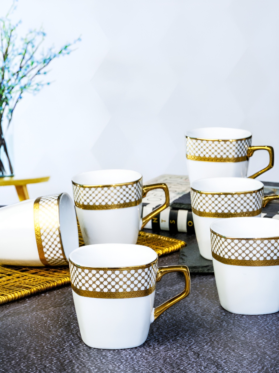 

Roxx White & Gold-Toned 6 Pieces Printed Porcelain Dishwasher Safe Glossy Mugs 230 ml