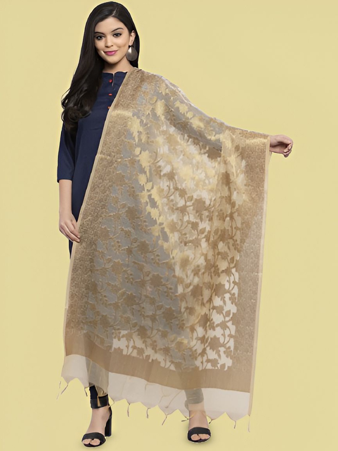 

LOOM LEGACY Floral Woven Design Cotton Silk Jacquard Dupatta, Gold