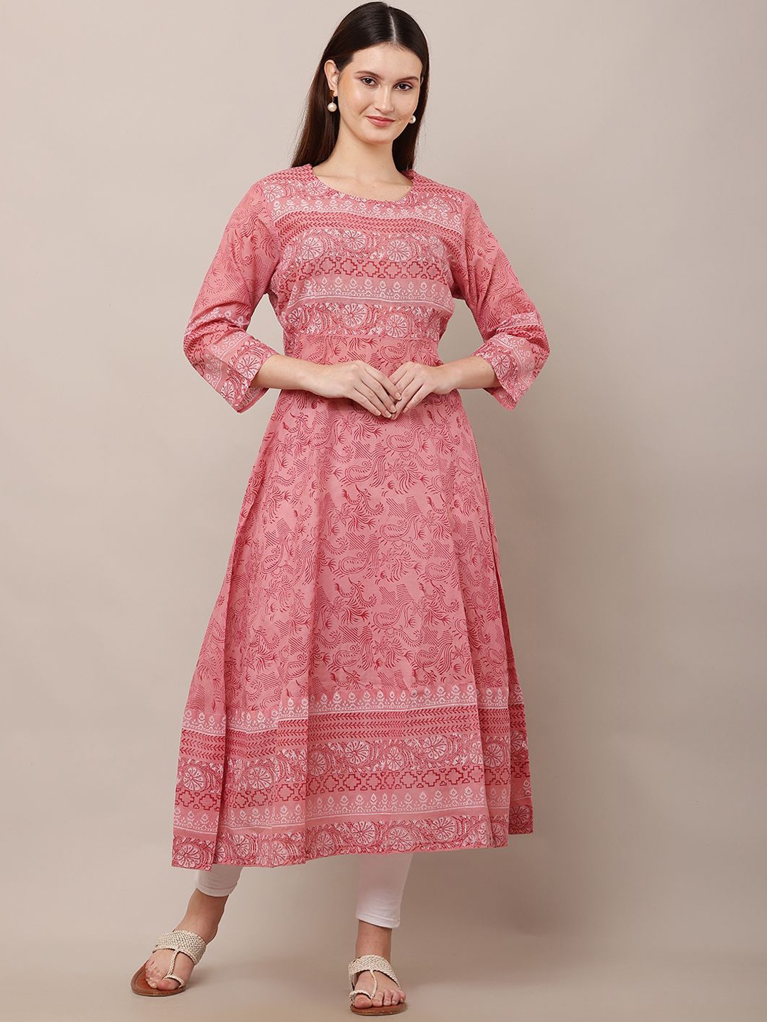 

DEGE Floral Printed Pleated Round Neck Pure Cotton Anarkali Kurta, Pink