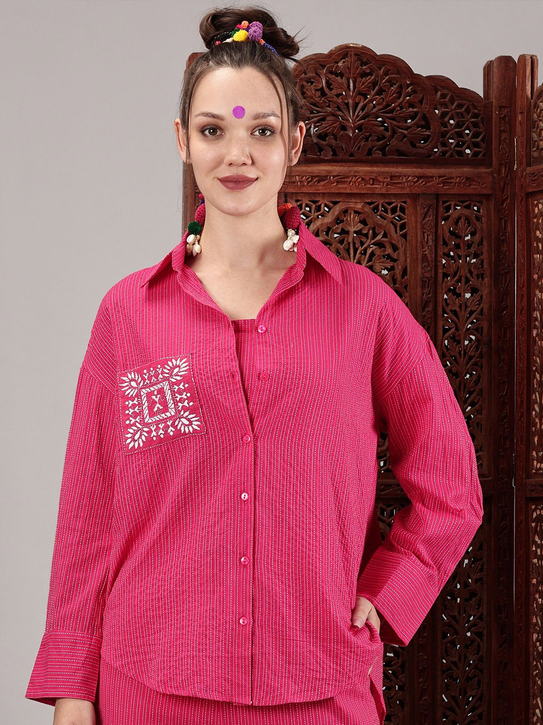 

KAPASRITI Women Relaxed Fit Spread Collar Vertical Striped Cotton Casual Shirt, Pink