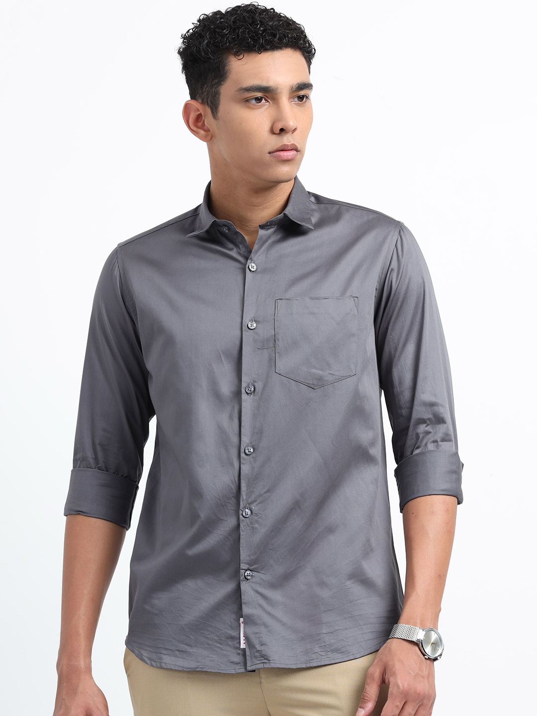 

U.S. PITCHERS Men Smart Slim Fit Spread Collar Solid Satin Casual Shirt, Grey