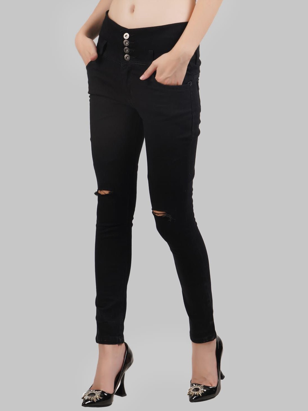 

LINARIA Women Classic Tapered Fit Slash Knee Jeans, Black