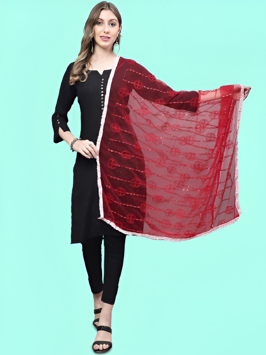 

LOOM LEGACY Ethnic Motifs Embroidered Net Dupatta With Beads And Stones, Red