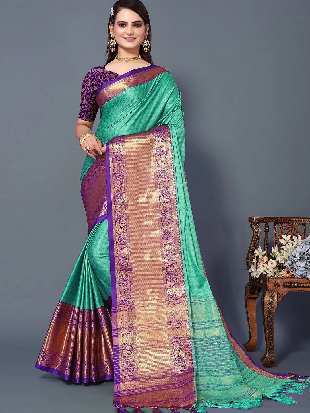 

yourwish Ethnic Motifs Zari Narayan Peth Saree, Turquoise blue