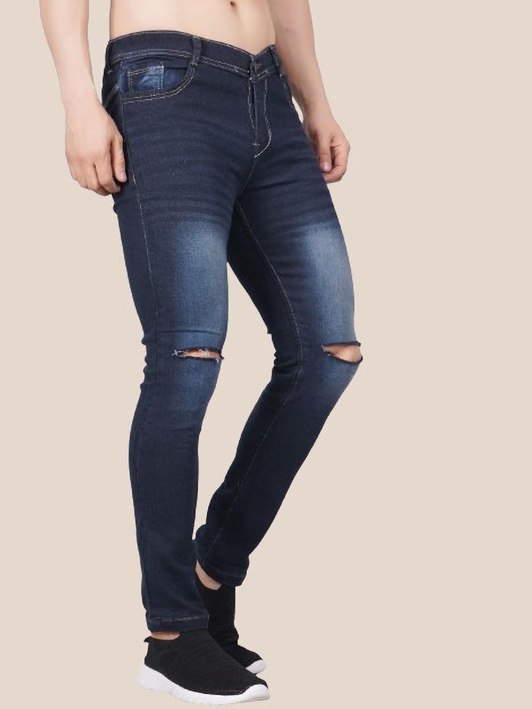 

LINARIA Men Classic Slim Fit Slash Knee Heavy Fade Mid-Rise Jeans, Blue