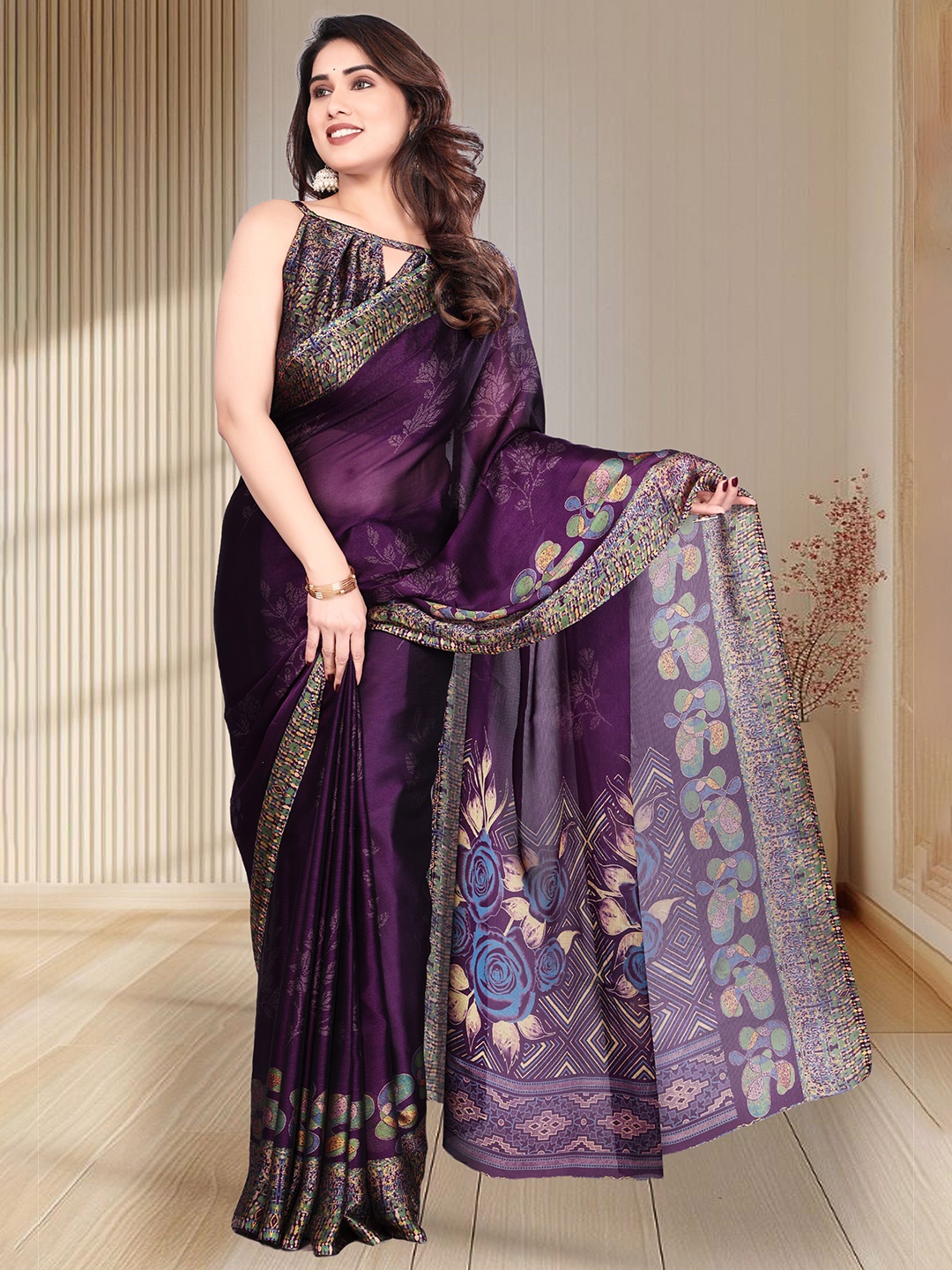 

SUPERLAXMI Floral Printed Chiffon Saree With Unstitched Blouse Piece, Purple