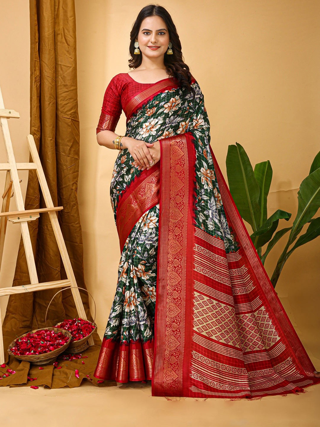 

DIVASTRI Floral Printed Zari Kanjeevaram Saree With Unstitched Blosue Piece, Green