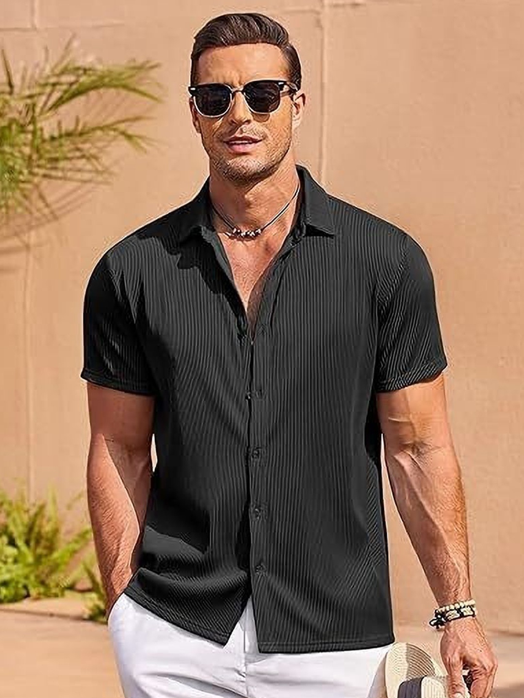 

Metronaut Men Regular Fit Spread Collar Textured Casual Shirt, Black