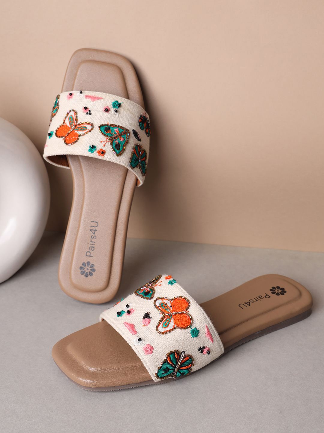 

Pairs4U Women Printed Open Toe Flats, Beige